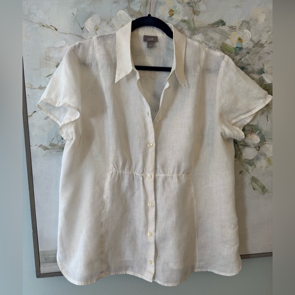 J. Jill Tops - J.Jill 100% Linen Collared Button Down Cinched Short Sleeve White Top Size Large